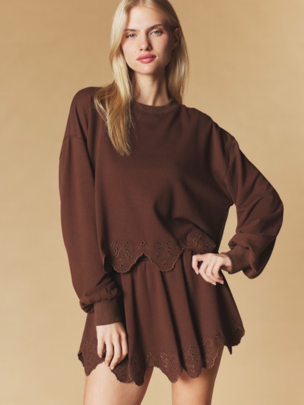NEW The Fall Brown Bow Embroidery Scallop-Hem SET